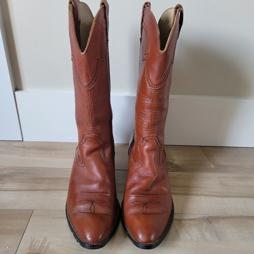 Vintage Men's Leather Levi's Cowboy Western Boots Cognac Brown Orange Tab Sz 10 - Picture 4 of 12